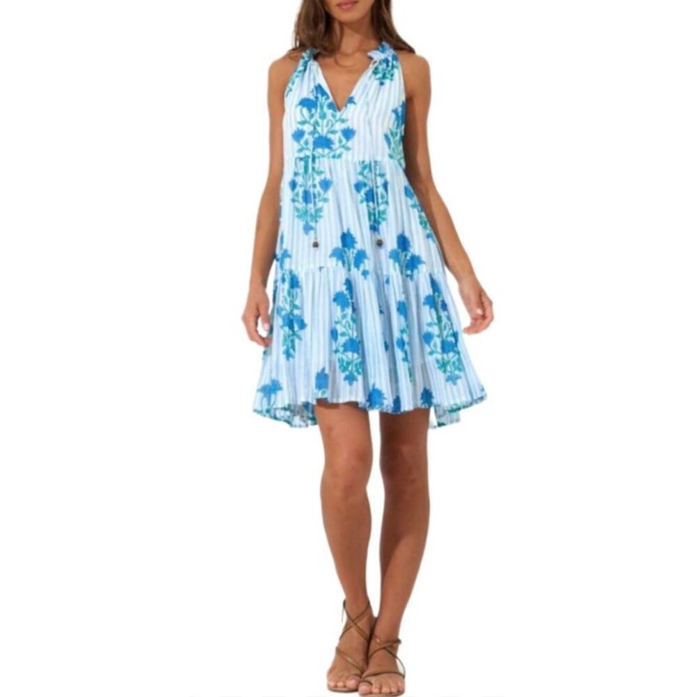 Oliphant Jaipur Blue Floral Stripe Mini Dress Womens XXS Tiered Cottagecore Boho